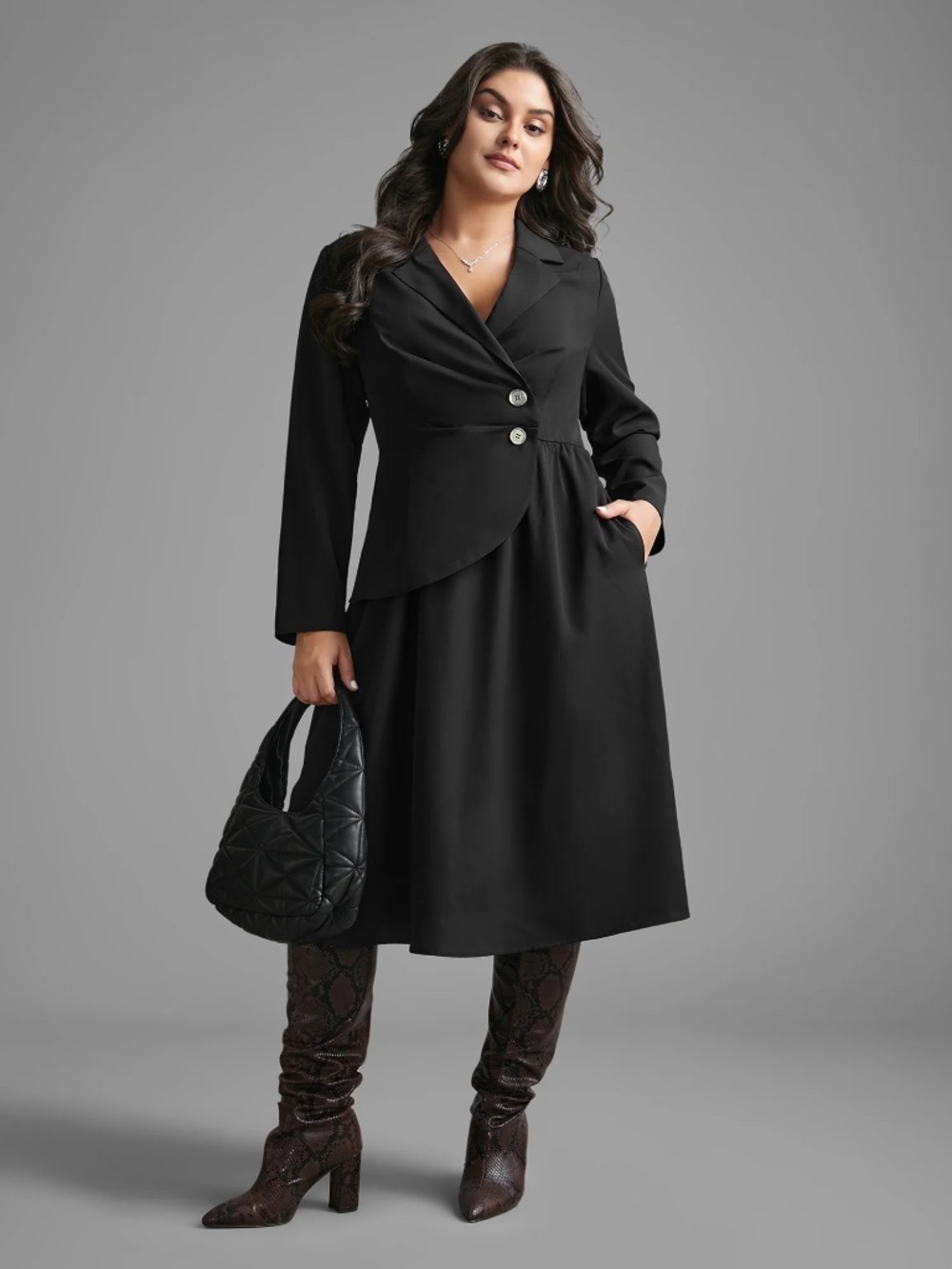 Bloomchic Suit Collar Metal Detail Midi Dress